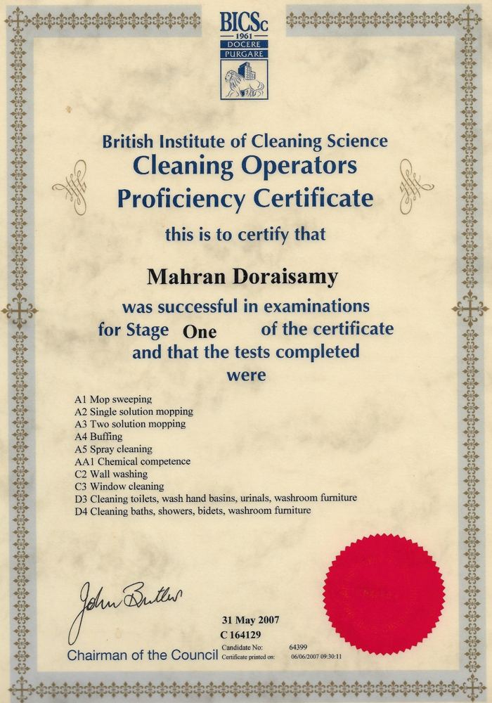 Cleaning Operators Proficiency Certificate