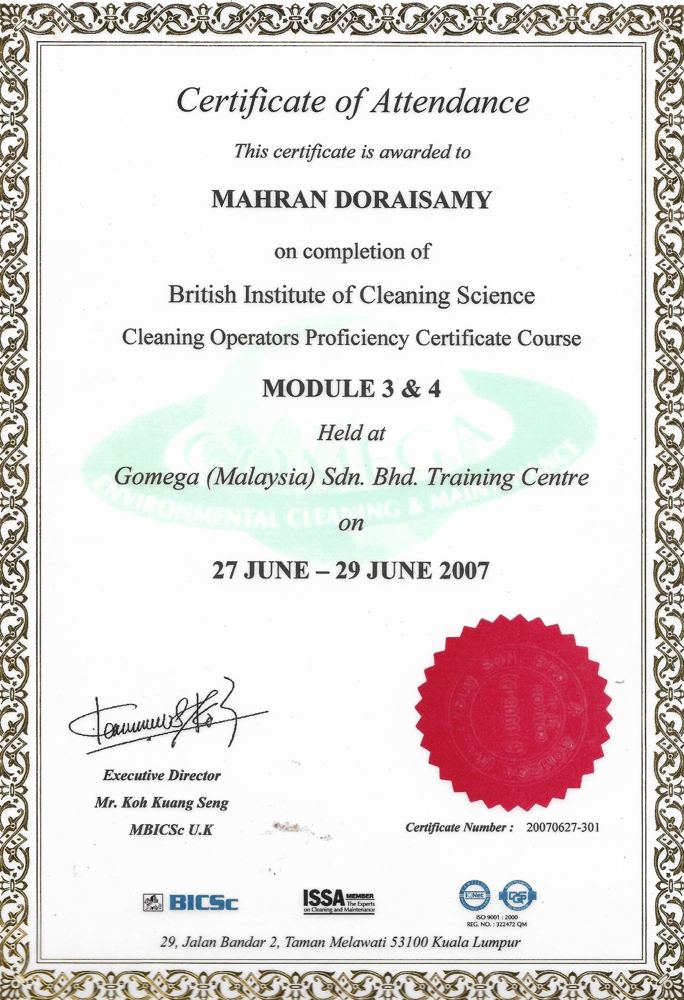 Certificate of attendance, British Institute of Cleaning Science